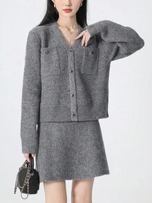 2 件套女士优雅 V 领毛衣开衫和裙子 - 灰色 - 查看 5