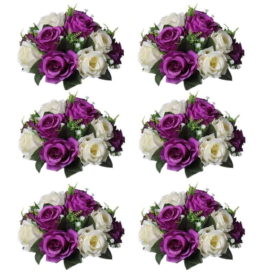 6pcs Artificial Flowers Silk Rose Flowers For Wedding Centerpiece Party Birthday Anniversary Floral Arrangement Decorations - 6件-紫色 - 查看 1