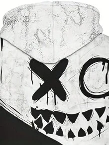 男士3D数码印花休闲运动连帽衫，创意笑脸图案，街头风图案设计套头连帽卫衣，带口袋，是秋季送礼佳品，长袖上衣