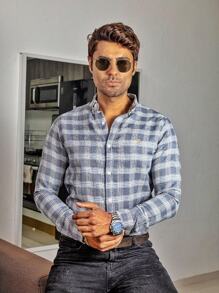 Camisa Hombre Casual Slim Fit Gris Rayas Blancas Moon & Rain - Gris - Ver 1