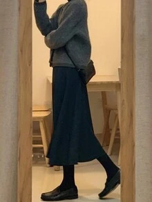 Women's Elegant Flared Midi Skirt, Spring/Summer/Winter - Black - View 4