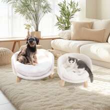 BingoPaw Cat Sofa Chair Bed, Elevated Nordic Pet Stool Bed With Removable Waterproof Mat, Raised Plush Fur Dog Kitten Couch With Wooden Legs Frame - White - View 6