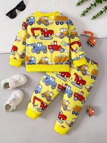 Baby Boy 2pcs Spring Autumn Kids Cartoon Car Print Sweatshirt & Pants Casual Outfit Set