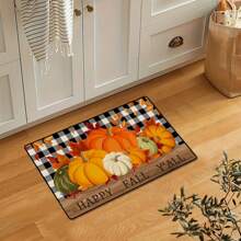 1pc Autumn Pumpkin Print Carpet, Thanksgiving Pumpkin & Maple Leaf Checkered Rug For Kitchen, Living Room, Entryway, Decorative Machine Washable Non-Slip Floor Mat, Great Fall Gift For Family & Friends