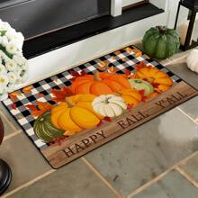 1pc Autumn Pumpkin Print Carpet, Thanksgiving Pumpkin & Maple Leaf Checkered Rug For Kitchen, Living Room, Entryway, Decorative Machine Washable Non-Slip Floor Mat, Great Fall Gift For Family & Friends