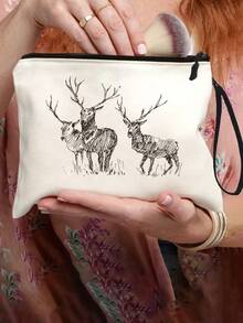 1pc Women's Deer Print Makeup Bag, Fashionable Cosmetic Bag Suitable For Makeup And Travel, Lovely Coin Purse, Lightweight Storage Bag - Perfect Birthday And Friendship Gift For Women - Beige - View 3