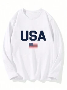 Camiseta de manga larga de cuello redondo con estampado simple para hombres, camiseta estampada - Blanco - Ver 3