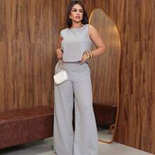 Women's Linen Pants And Stylish Blouse Set - Grey - View 1