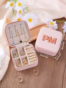 1pc Personalized 2D Initials Jewelry Box,Custom Colored Monogram Portable PU Leather Jewelry Storage Box For Travel,Ideal Gift For Halloween, Christmas, New Year,Young Girls,Mom,Birthday,Bridesmaid