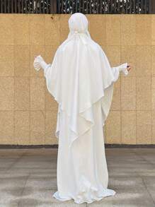 2pcs Women Plain Single Layer Headscarf + Pleated Long Robe, Suitable For Daily Prayer - Multicolor - View 4