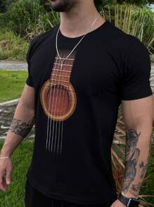 Men's T-Shirt Printed Guitar Round Neck In Premium Cotton Mesh - 黑色 - 查看 1