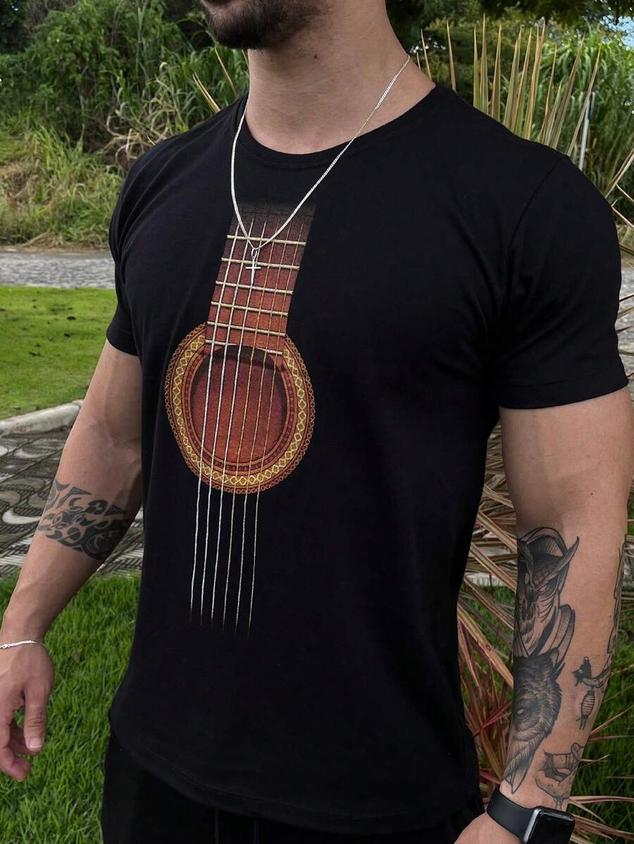 Men's T-Shirt Printed Guitar Round Neck In Premium Cotton Mesh - 黑色 - 查看 1