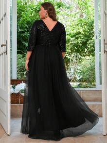 Plus Contrast Sequin Mesh Prom Dress - Black - View 2