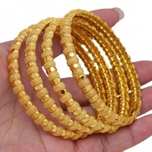 4 piezas/set Brazaletes ajustables de cobre bañados en oro de 24K para mujer, de lujo