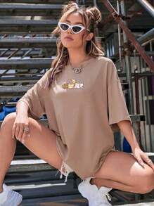 Oversized Women's Casual Off Shoulder 100% Cotton T-Shirt With Animated Cat Figure Print - 卡其色 - 查看 1