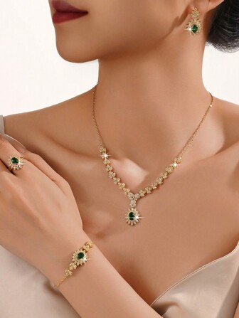 5pcs Gold-Plated Women's Jewelry Set - Leaf Design Necklace, Earrings, Bracelet, Ring, Suitable For Nigeria, Saudi Arabia, Dubai Bride Wedding, Fit For Daily, Wedding, Party Occasions