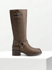 女式摩托车靴侧拉链及膝高筒靴方头粗跟扣装饰机车骑士时尚马靴万圣节女装棕色靴子 - 棕色 - 查看 9