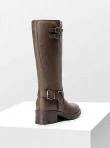 女式摩托车靴侧拉链及膝高筒靴方头粗跟扣装饰机车骑士时尚马靴万圣节女装棕色靴子 - 棕色 - 查看 10