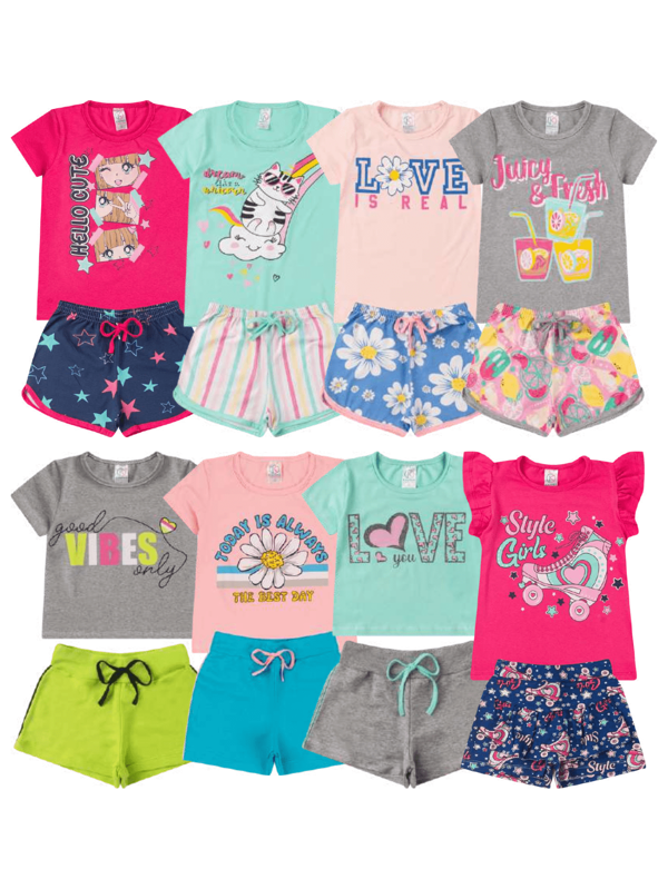 Kit 4 Peças Infantil Menina Juvenil Verão Tamanho 1 ao 16  - 2 Blusas + 2 Shorts