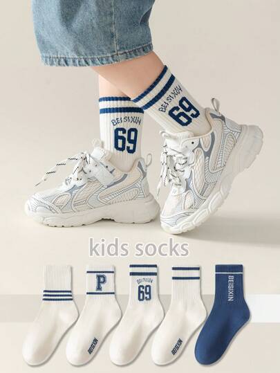5 Pairs/Pack School Striped Pattern Versatile Comfortable Crew Socks For Kids, Suitable For Back-To-School And Casual/Sports Outfits
