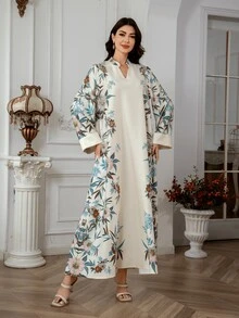 1pc V-Neck Long Dress, All-Over Print, Thick & Soft 4-Way Stretch Fabric, Cuffed Sleeves, Chest Beading, Elegant & Luxurious Arabian Women's Dress Jalabiya Modest Kaftan Arabian Dress