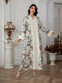 1pc V-Neck Long Dress, All-Over Print, Thick & Soft 4-Way Stretch Fabric, Cuffed Sleeves, Chest Beading, Elegant & Luxurious Arabian Women's Dress Jalabiya Modest Kaftan Arabian Dress