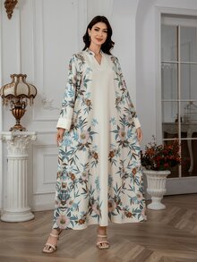 1pc V-Neck Long Dress, All-Over Print, Thick & Soft 4-Way Stretch Fabric, Cuffed Sleeves, Chest Beading, Elegant & Luxurious Arabian Women's Dress Jalabiya Modest Kaftan Arabian Dress