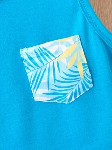 2pcs Young Boy Casual Leaf Print Round Neck Vest And Shorts Set