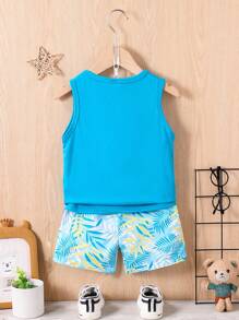 2pcs Young Boy Casual Leaf Print Round Neck Vest And Shorts Set