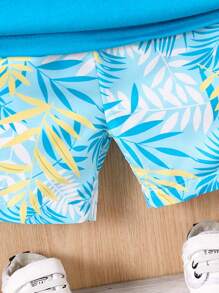 2pcs Young Boy Casual Leaf Print Round Neck Vest And Shorts Set