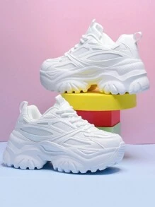 秋冬女士时尚休闲运动鞋，7 厘米厚鞋底，增高防水台，百搭白色高帮鞋，圆头，系带，透气网眼，适合日常、约会、健身、办公室，轻便减震 - 白色 - 查看 8