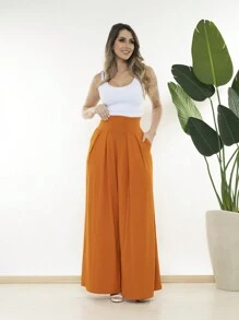 Wide-Leg Loose-Fitting Palazzo Pants In Viscose Fabric, Wide Waistband, High Waist, Pleats - Orange - View 3