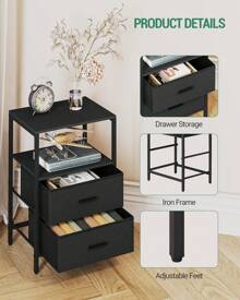 HaluPeit Bedside Table Set Of 2, Side Table With 2 Storage Drawers, Open Compartment, Coffee Table, Bedside Table Bedroom, For Living Room, Bedroom - Black - View 3