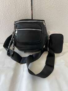 Women's Bag Kit With A Coin Purse Crossbody Bag Large Stylish Modern Blogger With Wide Strap In Pure Black - 黑色 - 查看 1