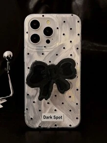 1pc Silver Luxury Chiffon Polka Dot Black Bow + Black Bow Holder Shockproof Hard Case Compatible With Apple Phones