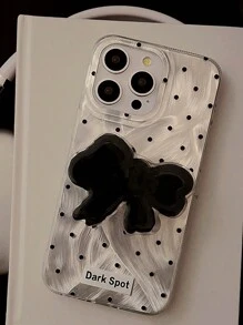 1pc Silver Luxury Chiffon Polka Dot Black Bow + Black Bow Holder Shockproof Hard Case Compatible With Apple Phones