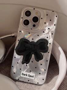 1pc Silver Luxury Chiffon Polka Dot Black Bow + Black Bow Holder Shockproof Hard Case Compatible With Apple Phones