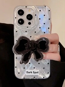 1pc Silver Luxury Chiffon Polka Dot Black Bow + Black Bow Holder Shockproof Hard Case Compatible With Apple Phones