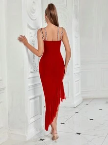 Women's Rhinestone Straps Asymmetrical Hem Ruffle-Trim Bandage Party Dress, Elegant Cocktail Semi Formal Prom Dress, For Birthday, Wedding Guest, Graduation, Dinner, Homecoming - Red - View 2