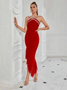 Women's Rhinestone Straps Asymmetrical Hem Ruffle-Trim Bandage Party Dress, Elegant Cocktail Semi Formal Prom Dress, For Birthday, Wedding Guest, Graduation, Dinner, Homecoming - Red - View 6