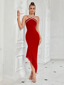 Women's Rhinestone Straps Asymmetrical Hem Ruffle-Trim Bandage Party Dress, Elegant Cocktail Semi Formal Prom Dress, For Birthday, Wedding Guest, Graduation, Dinner, Homecoming - Red - View 3