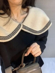 Áo len oversize màu tương phản cho nữ, áo dài tay - màu đen - Xem 2