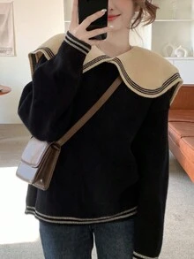 Áo len oversize màu tương phản cho nữ, áo dài tay - màu đen - Xem 5
