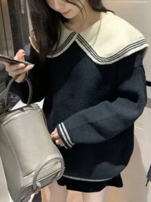 Áo len oversize màu tương phản cho nữ, áo dài tay - màu đen - Xem 4