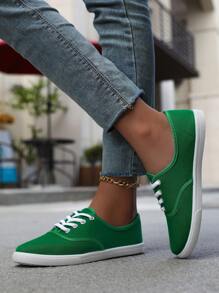 女士純色帆布淺口平底鞋，圓頭透氣耐滑綁帶低幫經典休閒鞋，舒適休閒鞋適用於女性，戶外活動 - 綠色 - 查看 6