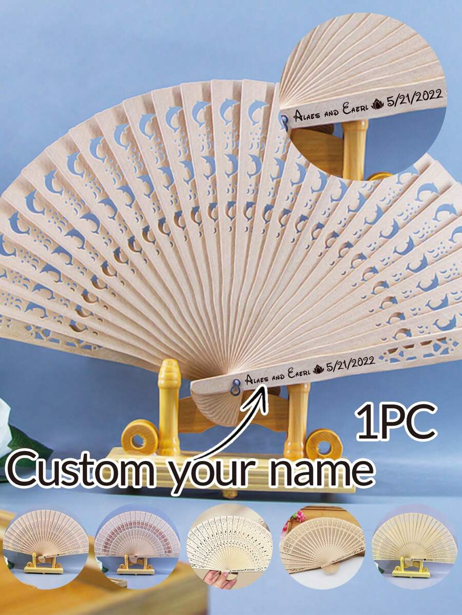 1 件个性化雕花木折扇木制折扇定制婚礼派对礼物装饰新娘送礼会礼物 - 風格5 - 查看 1