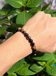 1 peça/pulseira de riqueza 8 mm pedra biliar preta e pedra de olho de tigre implicam riqueza e prosperidade e pode ser dada como presente de feriado para familiares e amigos