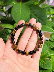 1 peça/pulseira de riqueza 8 mm pedra biliar preta e pedra de olho de tigre implicam riqueza e prosperidade e pode ser dada como presente de feriado para familiares e amigos