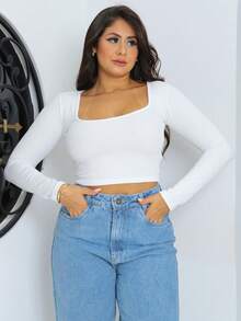 Cropped Long Sleeve Premium Ribbed Neckline - 離開 - 查看 1