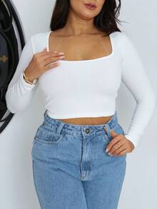 Cropped Long Sleeve Premium Ribbed Neckline - 離開 - 查看 4